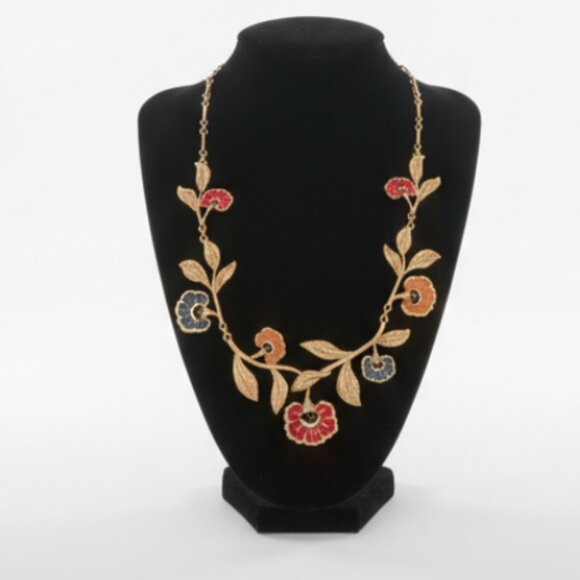 Statement necklace. Gold-tone botanical/floral necklace with red and blue enamel - Picture 1 of 3